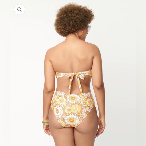 Unique Vintage NWT Magnolia Place Mustard Floral Print Two Piece Swimsuit SET - Picture 2 of 6